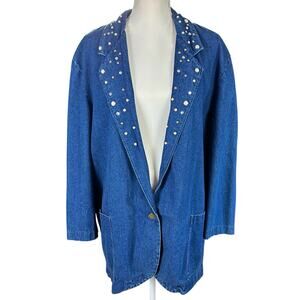 Ideas Jean Jacket Women Size XL Blue Retro Rhinestone Embellished Denim Blazer